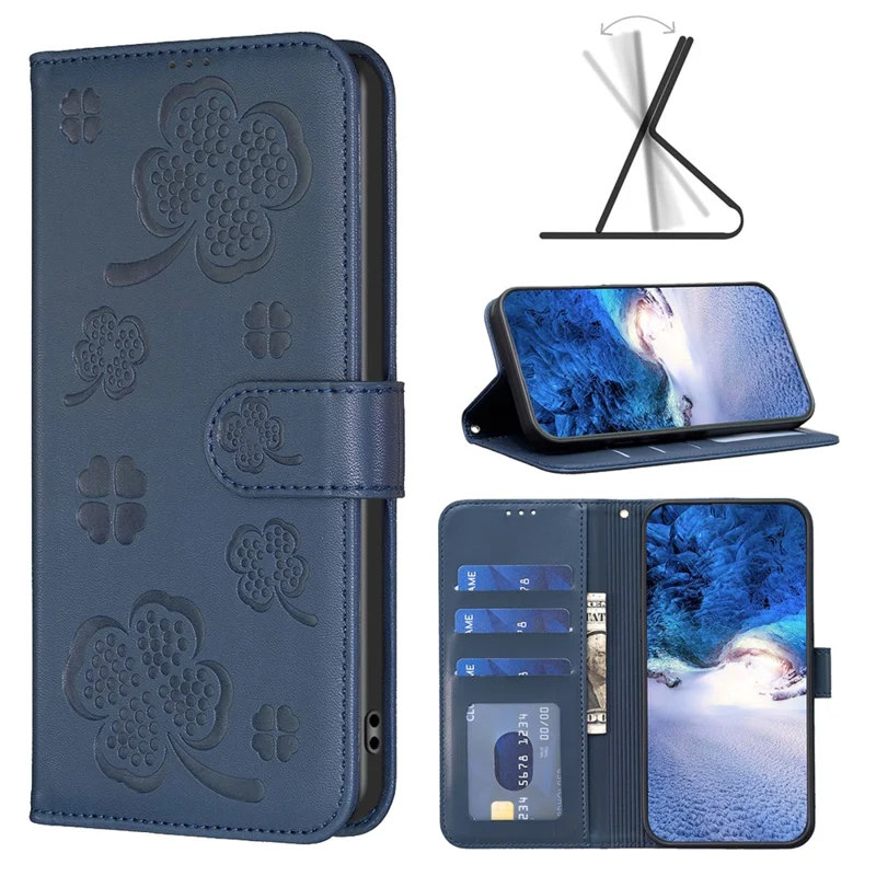 For Xiaomi Redmi A3 4G / Poco C61 4G Case Lucky Clover Leather Flip Phone Cover - Blue