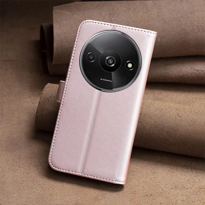 BINFEN COLOR BF17 For Xiaomi Redmi A3 4G / Poco C61 4G Case Leather Folio Wallet Phone Cover - Rose Gold