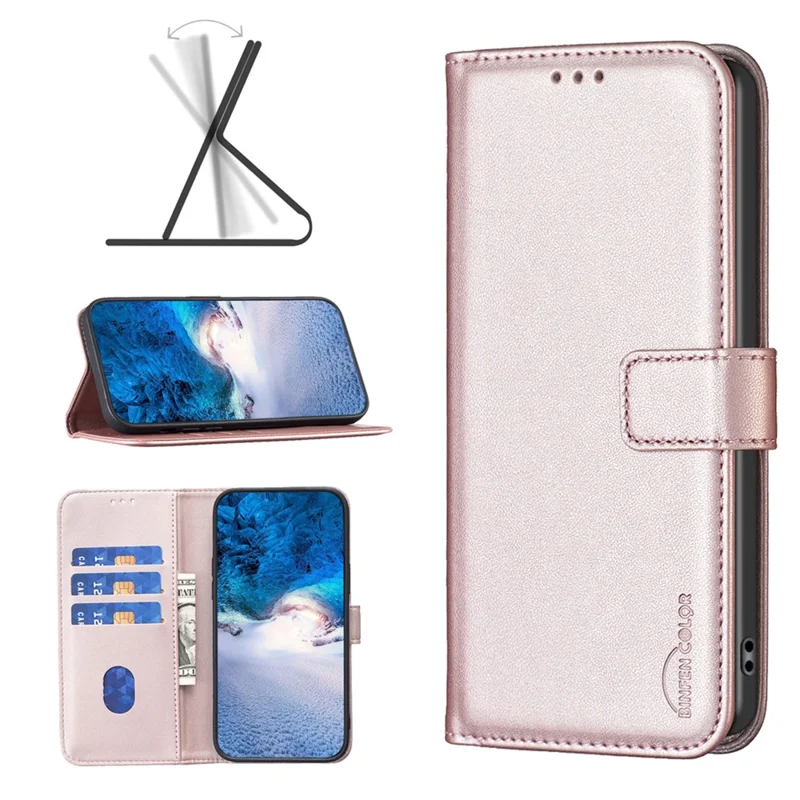 BINFEN COLOR BF17 For Xiaomi Redmi A3 4G / Poco C61 4G Case Leather Folio Wallet Phone Cover - Rose Gold