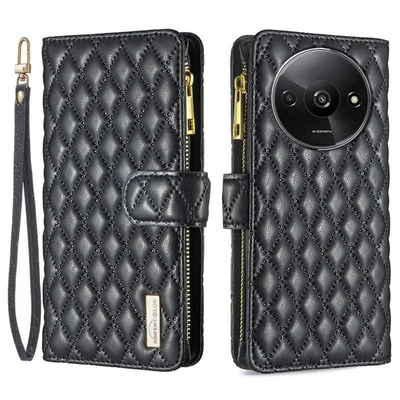 BINFEN COLOR BF Style-15 For Xiaomi Redmi A3 4G / Poco C61 4G Case Zipper Flip Shockproof Leather Phone Cover - Black