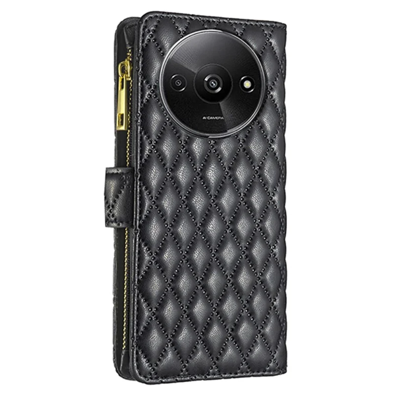 BINFEN COLOR BF Style-15 For Xiaomi Redmi A3 4G / Poco C61 4G Case Zipper Flip Shockproof Leather Phone Cover - Black