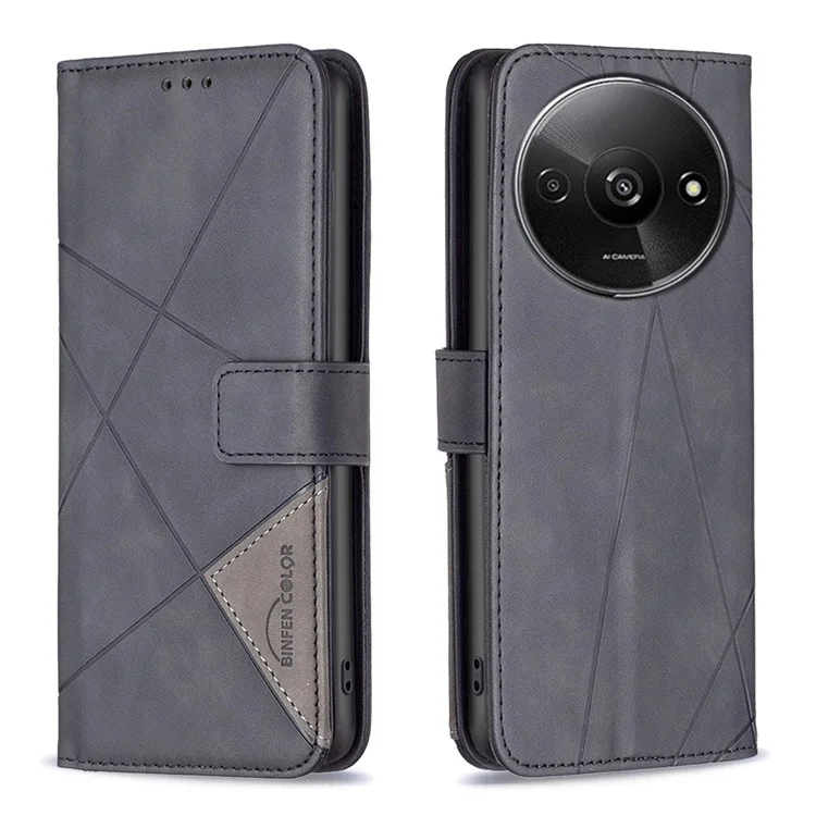 BINFEN COLOR For Xiaomi Redmi A3 4G / Poco C61 4G Phone Cases Wallet Stand Geometry Imprinted Leather Cover - Black