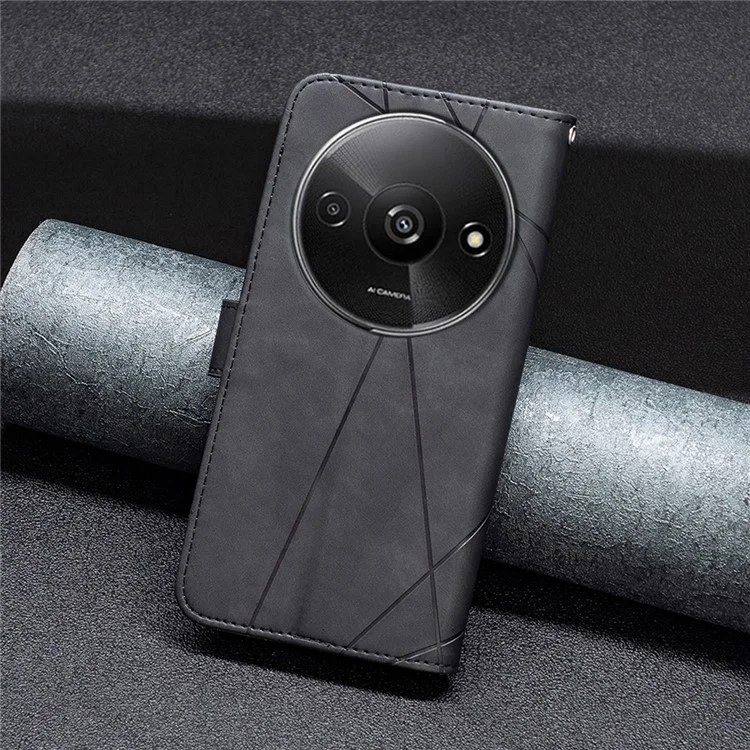 BINFEN COLOR For Xiaomi Redmi A3 4G / Poco C61 4G Phone Cases Wallet Stand Geometry Imprinted Leather Cover - Black