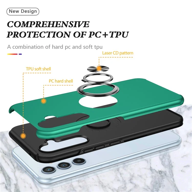 Para Samsung Galaxy A55 5G Case Slim-Fit PC+TPU Capa de Telefone com Suporte - Preto Esverdeado