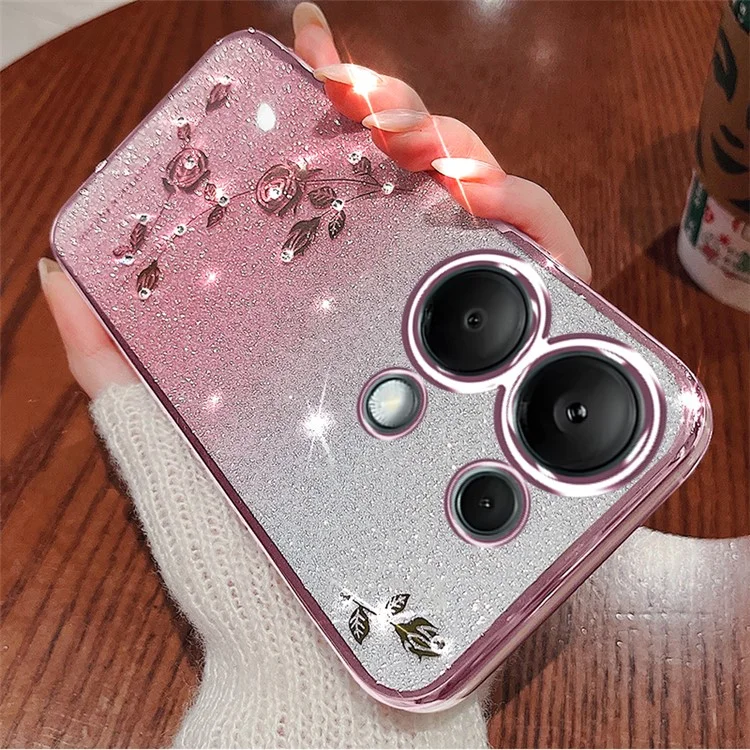 KADEM Für Xiaomi Redmi Note 13 5G TPU-Hülle mit Rhinestone-Dekor Telefonabdeckung mit Trageriemen - Roségold