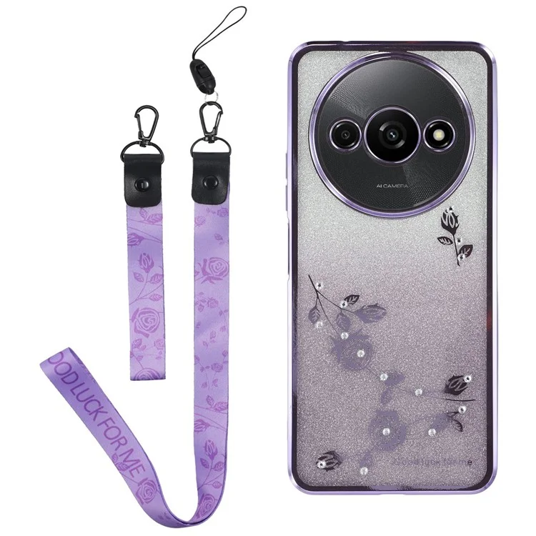 KADEM Für Xiaomi Redmi A3 4G / Poco C61 4G Hülle Weiche TPU-Blume Glitzer Strass Handyhülle mit Trageriemen - Lila