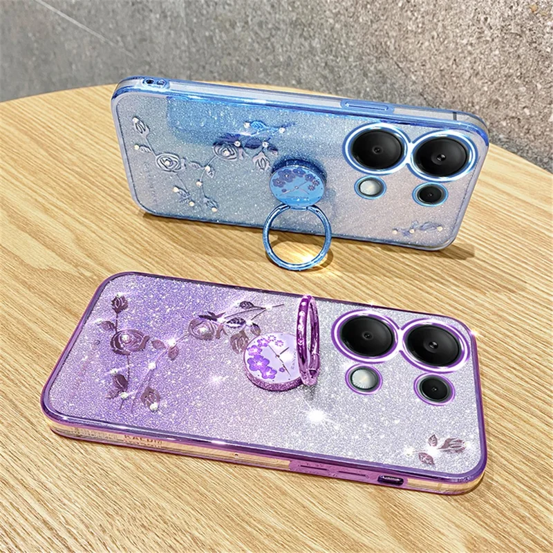 KADEM For Xiaomi Redmi Note 13 Pro 4G / Poco M6 Pro 4G Phone Case Rhinestone Decor Ring Kickstand TPU Cover - Blue