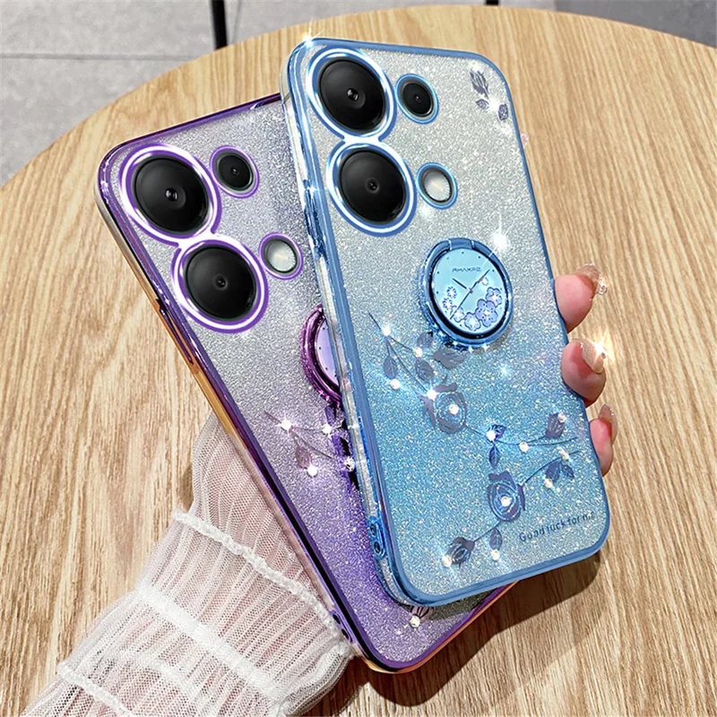 KADEM For Xiaomi Redmi Note 13 Pro 4G / Poco M6 Pro 4G Phone Case Rhinestone Decor Ring Kickstand TPU Cover - Blue