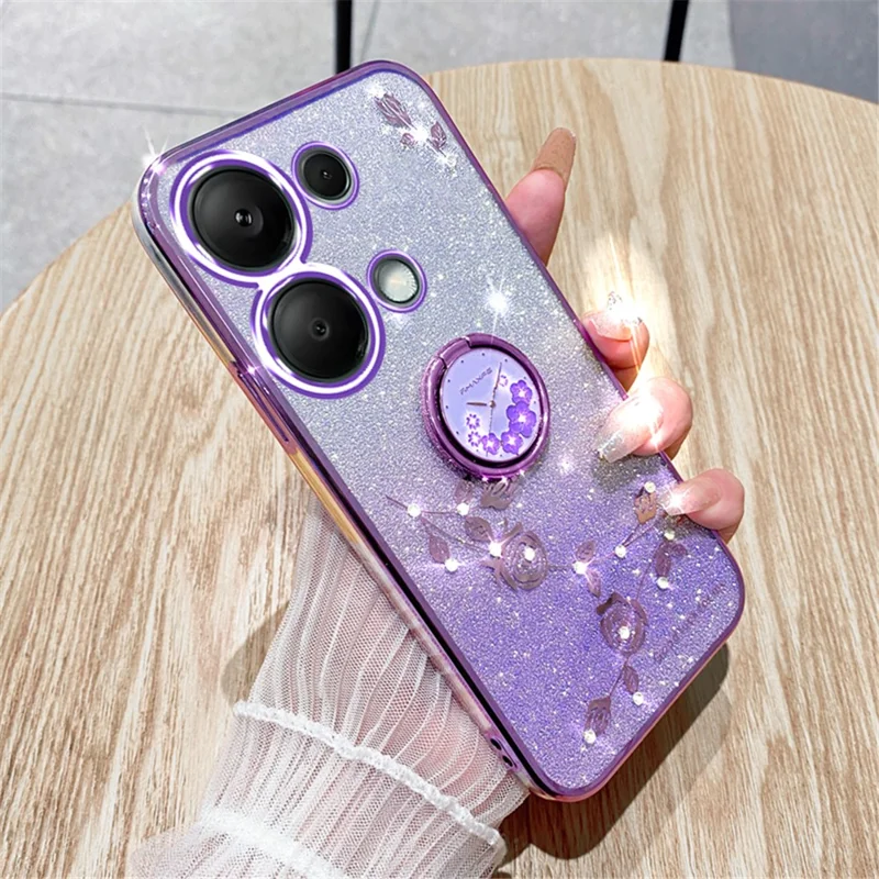 KADEM Per Xiaomi Redmi Note 13 Pro 4G / Poco M6 Pro 4G Custodia per Telefono Decorazione con Strass Supporto Rotante Cover TPU - Viola