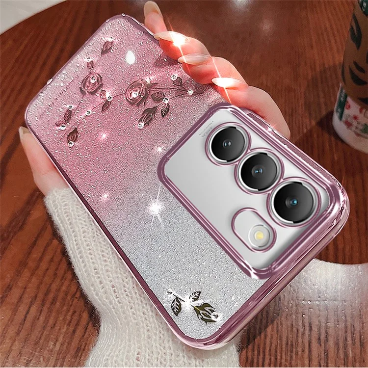 Coque Téléphone Fleur KADEM pour vivo V30 Lite 5G, Étui en TPU avec Cordon et Décoration de Strass - Or Rose