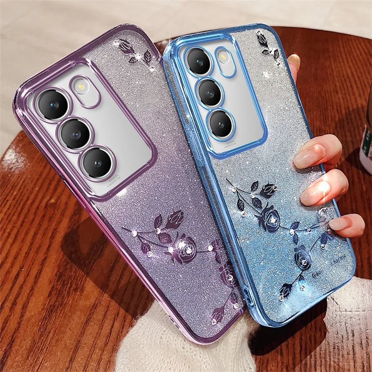 Coque Téléphone Fleur KADEM pour vivo V30 Lite 5G, Étui en TPU avec Cordon et Décoration de Strass - Or Rose