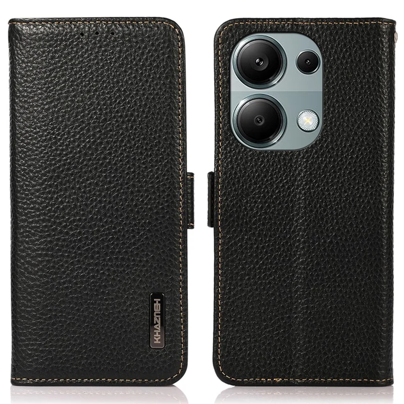 KHAZNEH Für Xiaomi Redmi Note 13 4G Wallet Case Genuine Cow Leather+TPU Phone Cover - Schwarz