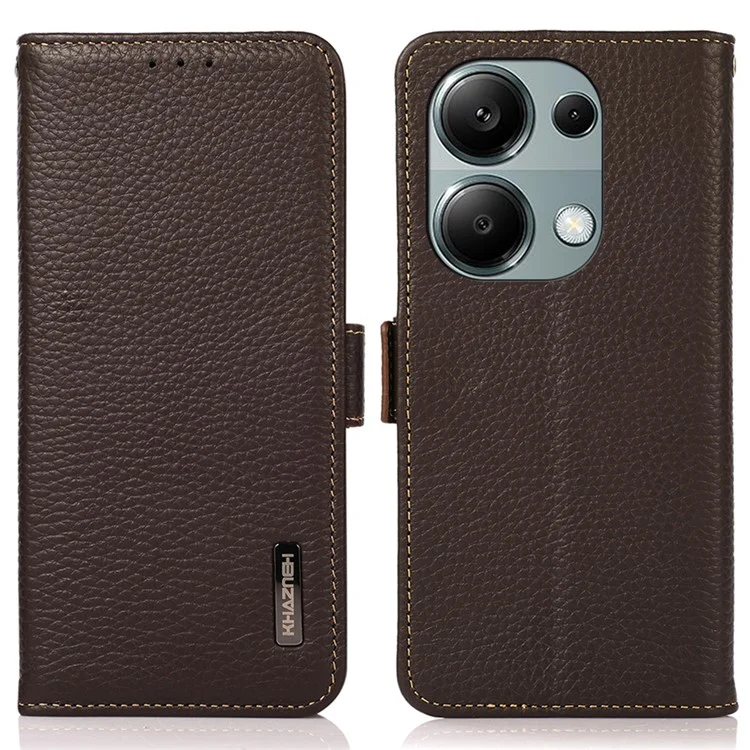 KHAZNEH Para Xiaomi Redmi Note 13 Pro 4G / Poco M6 Pro 4G Funda de Teléfono Wallet RFID Blocking Piel de Vaca Genuina - Marrón