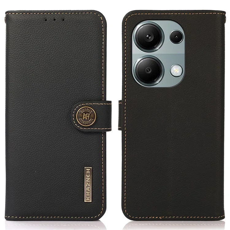 KHAZNEH para Xiaomi Redmi Note 13 Pro 4G / Poco M6 Pro 4G Capa Genuína de Couro de Vaca + TPU Capa de Telefone com Suporte - Preto