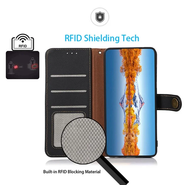 KHAZNEH para Xiaomi Redmi Note 13 Pro 4G / Poco M6 Pro 4G Capa Genuína de Couro de Vaca + TPU Capa de Telefone com Suporte - Preto