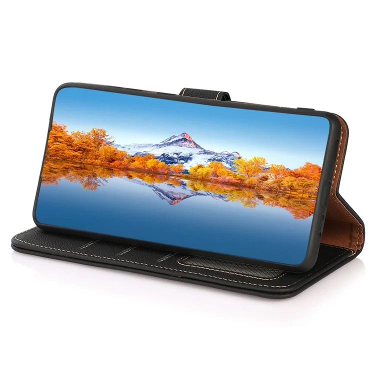 KHAZNEH para Xiaomi Redmi Note 13 Pro 4G / Poco M6 Pro 4G Capa Genuína de Couro de Vaca + TPU Capa de Telefone com Suporte - Preto