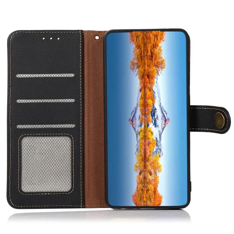 KHAZNEH para Xiaomi Redmi Note 13 Pro 4G / Poco M6 Pro 4G Capa Genuína de Couro de Vaca + TPU Capa de Telefone com Suporte - Preto