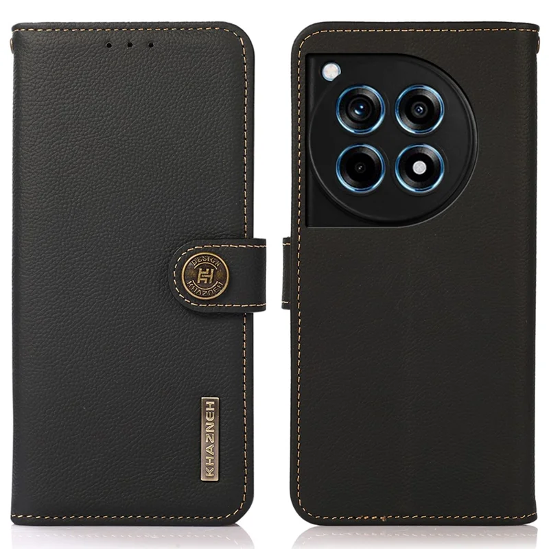 KHAZNEH For OnePlus Ace 3 5G / 12R 5G Cell Phone Case Genuine Cow Leather RFID Blocking Cover - Black