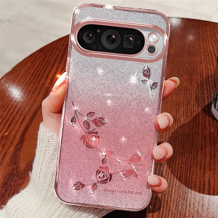 KADEM For Google Pixel 9 Pro XL Flower Design Glitter Mobile Phone Case TPU Cover - Rose Gold