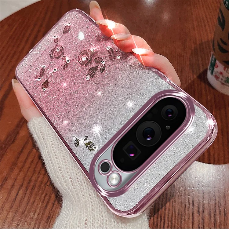 KADEM For Google Pixel 9 Pro XL Flower Design Glitter Mobile Phone Case TPU Cover - Rose Gold