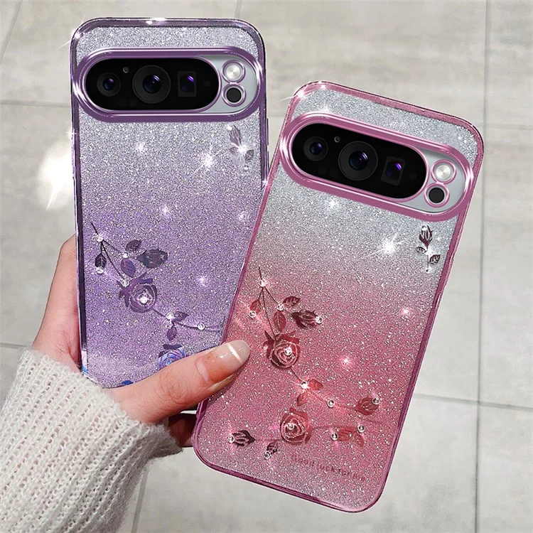 KADEM For Google Pixel 9 Pro XL Flower Design Glitter Mobile Phone Case TPU Cover - Rose Gold