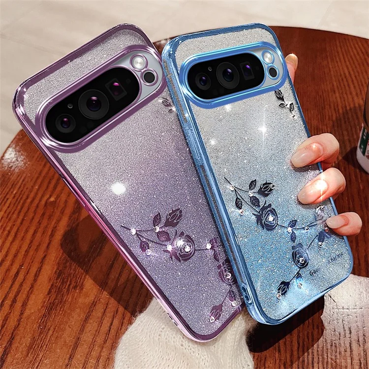 KADEM For Google Pixel 9 Pro XL Flower Design Glitter Mobile Phone Case TPU Cover - Rose Gold