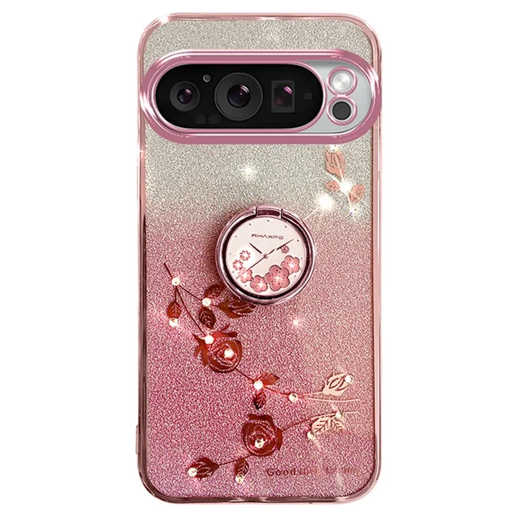 Kadem Para o Google Pixel 9 Pro Celle Chone Caso Ring Kickstand Glitter Shopfrop TPU Top Cover - Rosa Ouro