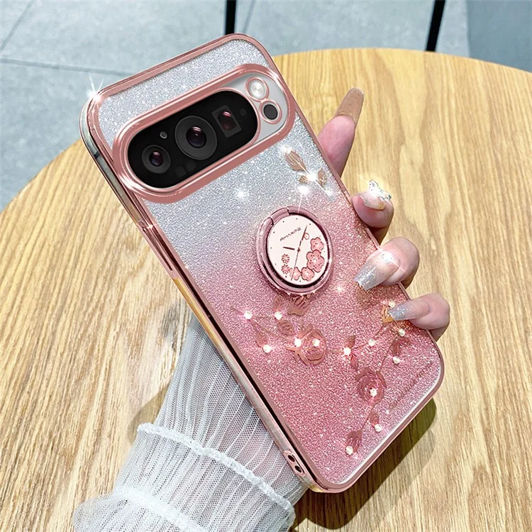 KADEM For Google Pixel 9 Pro XL Cell Phone Case Ring Kickstand Glitter Shockproof TPU Cover - Rose Gold