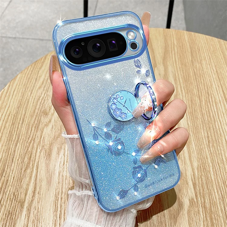 Kadem Para o Google Pixel 9 Pro Celle Chone Caso Ring Kickstand Glitter Shopfrop TPU Top Cover - Rosa Ouro