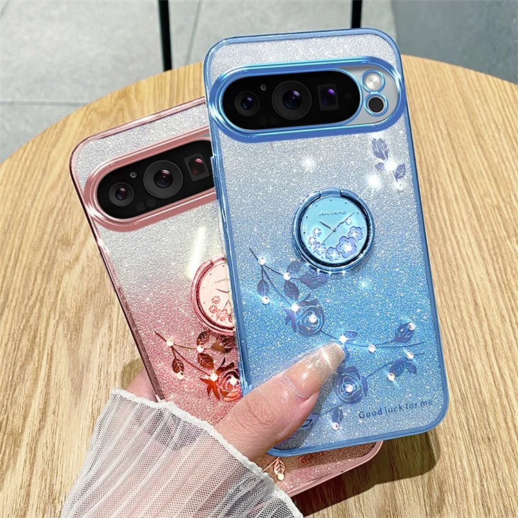 Kadem Pour Google Pixel 9 Pro Portable Clé de Téléphone Portable Ring Kickstand Glitter Shockproof TPU Cover - or Rose