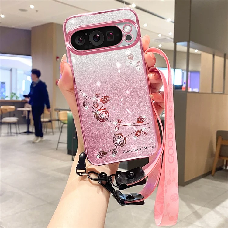 Kadem Para Google Pixel 9 Pro Gradiente Pro Glitter Case Soft TPU Tampo Com Cordão - Rosa Ouro