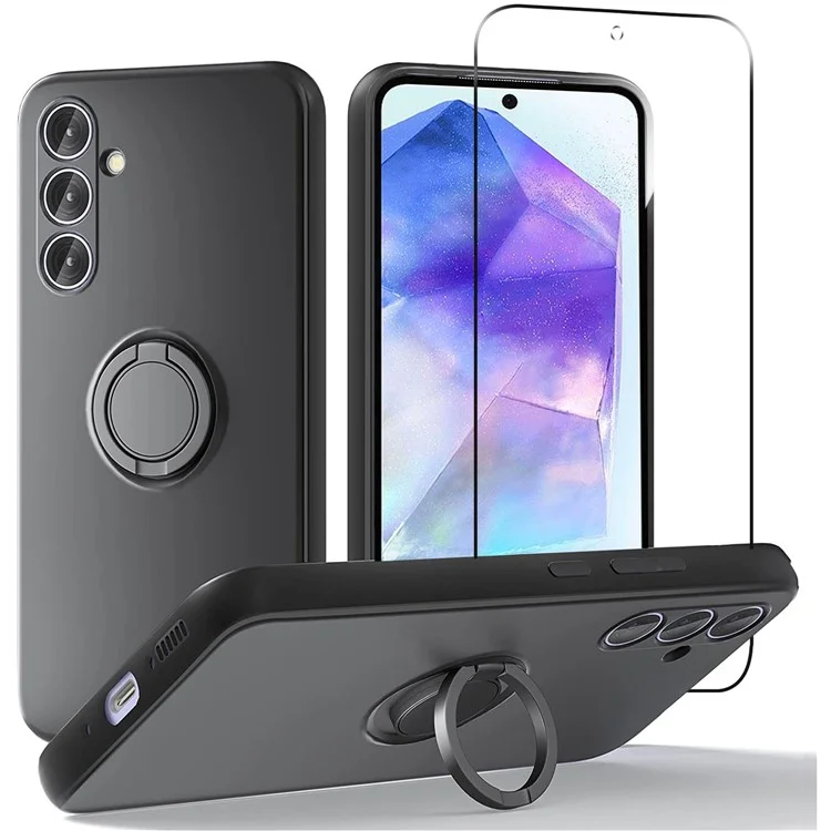 For Samsung Galaxy A55 5G Case Kickstand Liquid Silicone Cover with 2.5D Arc Edge Tempered Glass Film - Black