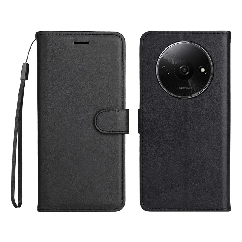 For Xiaomi Redmi A3 4G 4G / Poco C61 4G Case Solid Color Leather Mobile Cover Wallet Stand with Strap - Black