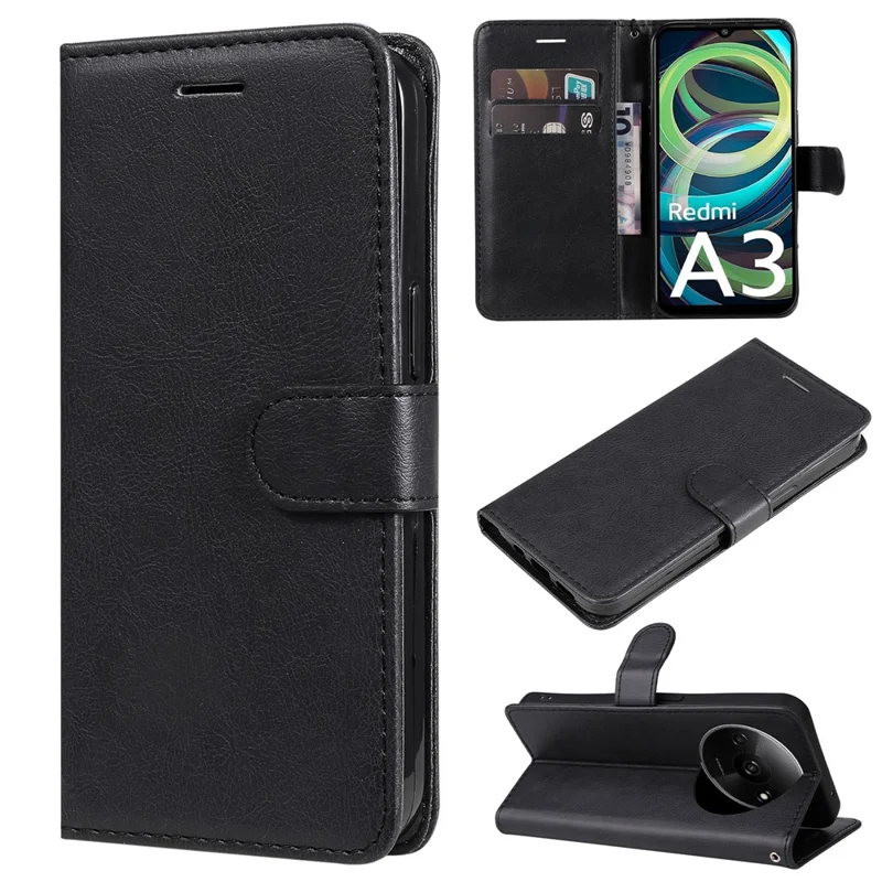 For Xiaomi Redmi A3 4G 4G / Poco C61 4G Case Solid Color Leather Mobile Cover Wallet Stand with Strap - Black