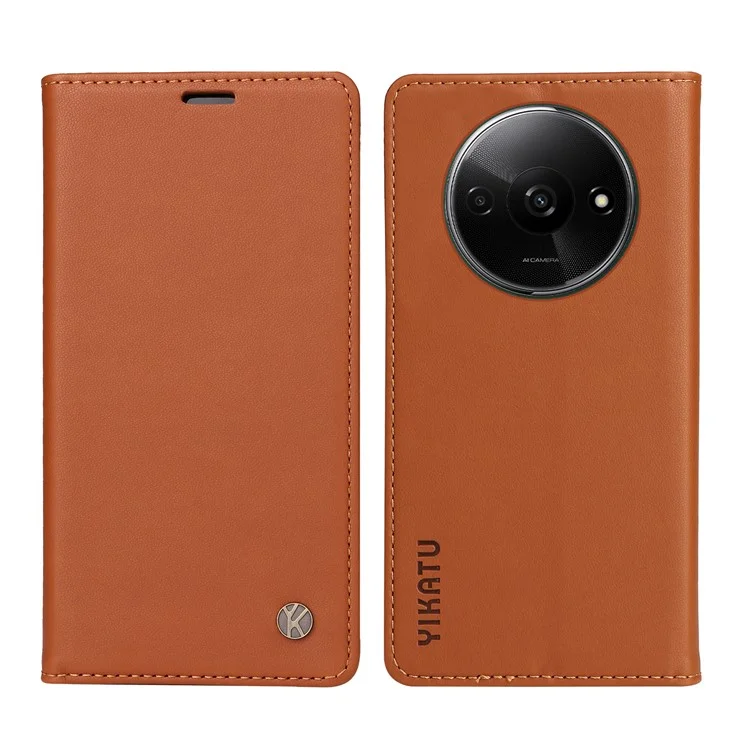 YIKATU YK-001 для Xiaomi Redmi A3 4G / Poco C61 4G Чехол Скрытый Магнитный Поглощающий Кожаный Чехол для Телефона - Коричневый