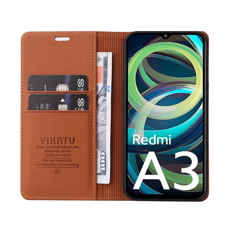 YIKATU YK-001 для Xiaomi Redmi A3 4G / Poco C61 4G Чехол Скрытый Магнитный Поглощающий Кожаный Чехол для Телефона - Коричневый