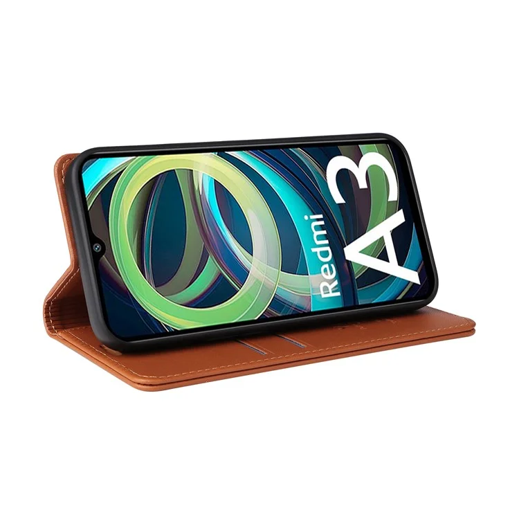 YIKATU YK-001 для Xiaomi Redmi A3 4G / Poco C61 4G Чехол Скрытый Магнитный Поглощающий Кожаный Чехол для Телефона - Коричневый