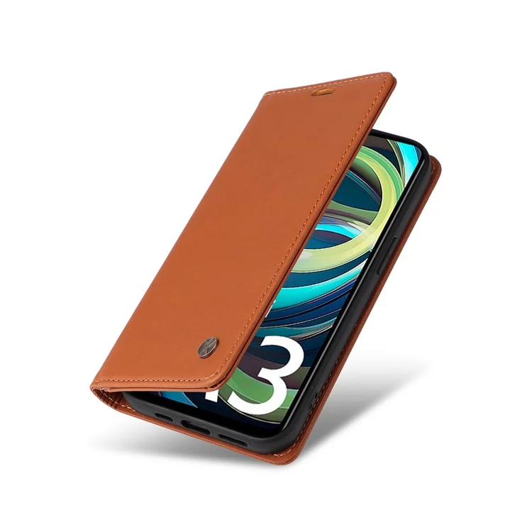 YIKATU YK-001 для Xiaomi Redmi A3 4G / Poco C61 4G Чехол Скрытый Магнитный Поглощающий Кожаный Чехол для Телефона - Коричневый
