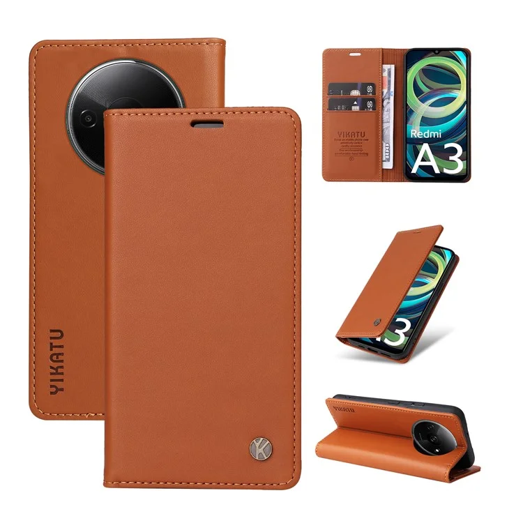YIKATU YK-001 для Xiaomi Redmi A3 4G / Poco C61 4G Чехол Скрытый Магнитный Поглощающий Кожаный Чехол для Телефона - Коричневый