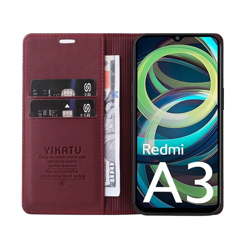 YIKATU YK-001 For Xiaomi Redmi A3 4G / Poco C61 4G Case Hidden Magnetic Adsorption Leather Phone Cover - Wine Red