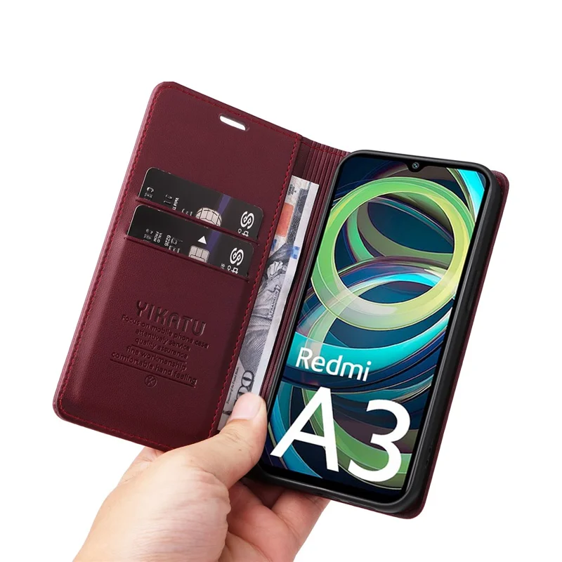 YIKATU YK-001 For Xiaomi Redmi A3 4G / Poco C61 4G Case Hidden Magnetic Adsorption Leather Phone Cover - Wine Red