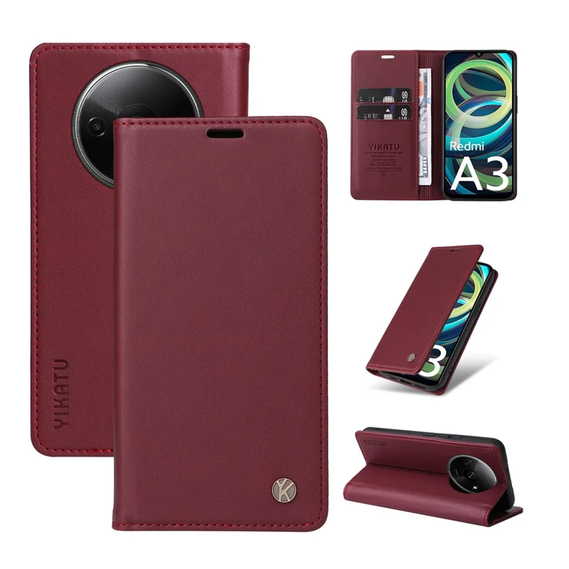 YIKATU YK-001 For Xiaomi Redmi A3 4G / Poco C61 4G Case Hidden Magnetic Adsorption Leather Phone Cover - Wine Red