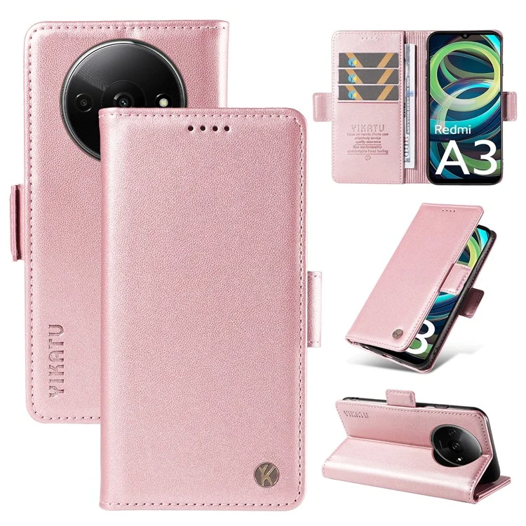 YIKATU YK-003 For Xiaomi Redmi A3 4G / Poco C61 4G Case PU Leather Stand Protective Phone Cover - Rose Gold
