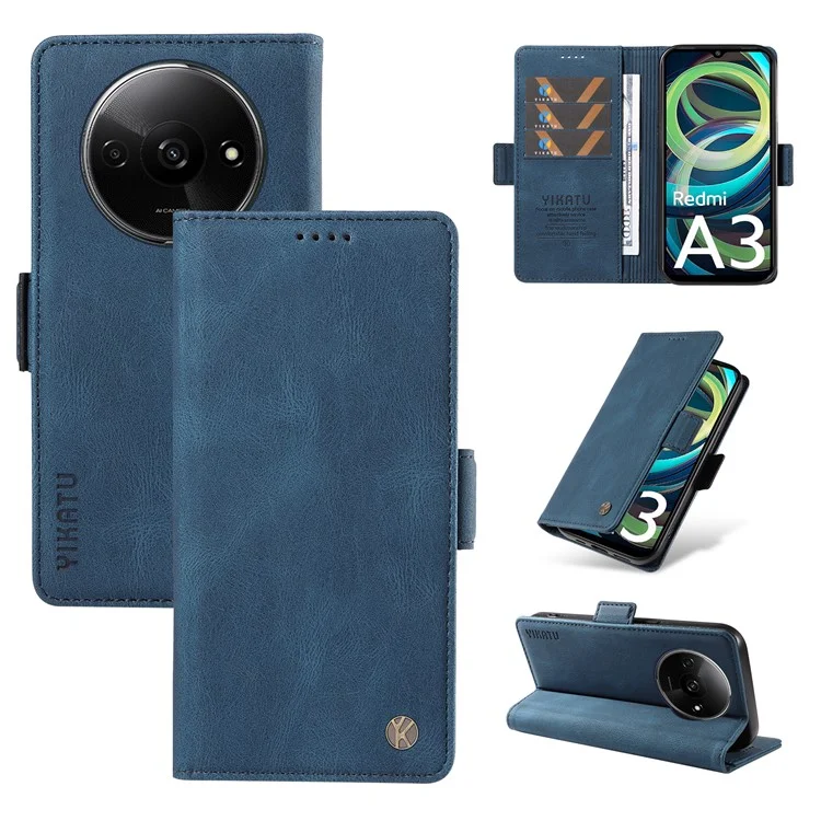 YIKATU YK-005 For Xiaomi Redmi A3 4G / Poco C61 4G Case Wallet Style Skin-Touch Leather Phone Cover - Blue