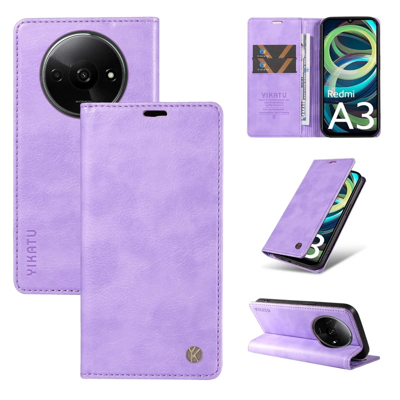 YIKATU YK-006 For Xiaomi Redmi A3 4G / Poco C61 4G Case Folio PU Leather Magnetic Absorption Phone Cover - Purple