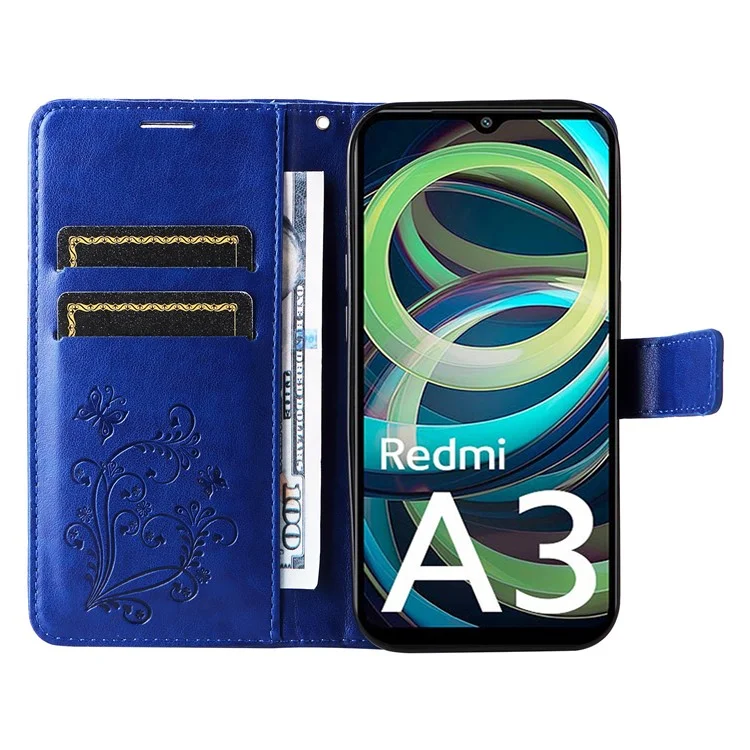 For Xiaomi Redmi A3 4G / Poco C61 4G Wallet Case Floral Butterfly Imprinted Leather Phone Cover Stand - Blue