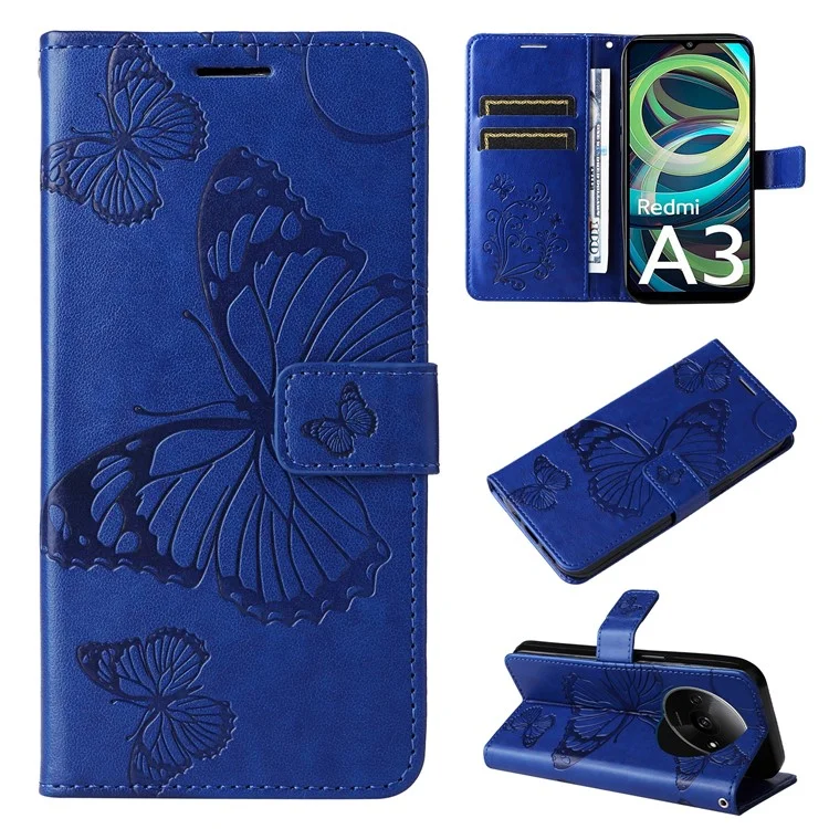 For Xiaomi Redmi A3 4G / Poco C61 4G Wallet Case Floral Butterfly Imprinted Leather Phone Cover Stand - Blue