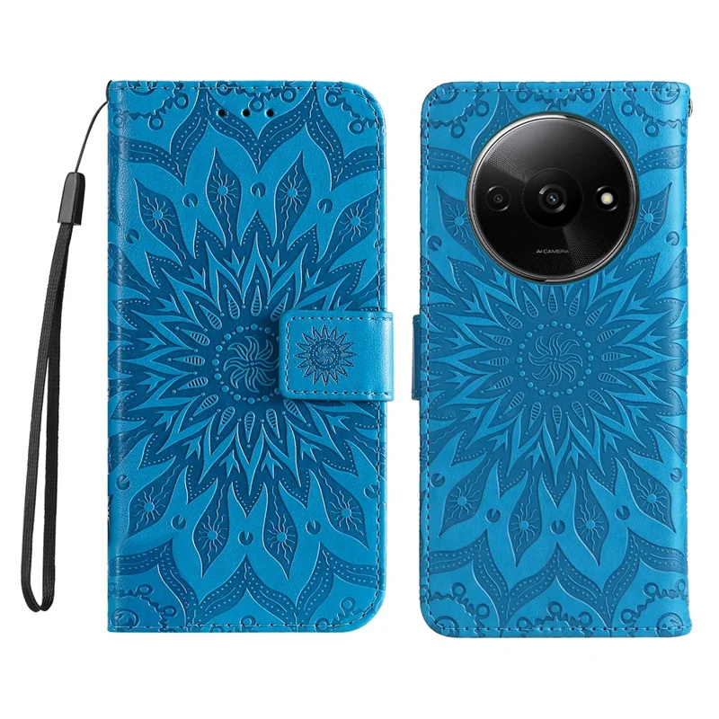 For Xiaomi Redmi A3 4G / Poco C61 4G Phone Case Sunflower Imprinted Leather Wallet Stand Cover with Strap - Blue