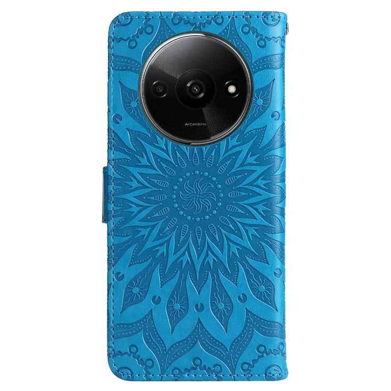 For Xiaomi Redmi A3 4G / Poco C61 4G Phone Case Sunflower Imprinted Leather Wallet Stand Cover with Strap - Blue