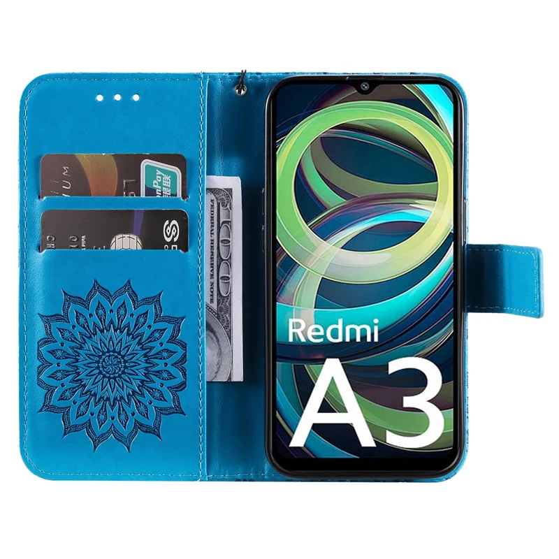 For Xiaomi Redmi A3 4G / Poco C61 4G Phone Case Sunflower Imprinted Leather Wallet Stand Cover with Strap - Blue